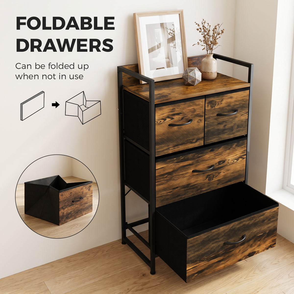 4-Drawer Fabric Chest with Top Shelf and Steel Frame - Rustic Brown & Black