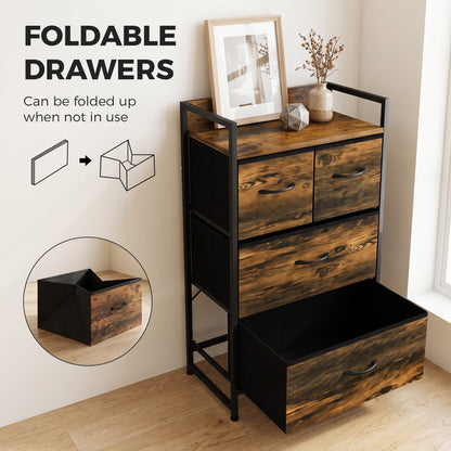 4-Drawer Fabric Chest with Top Shelf and Steel Frame - Rustic Brown & Black