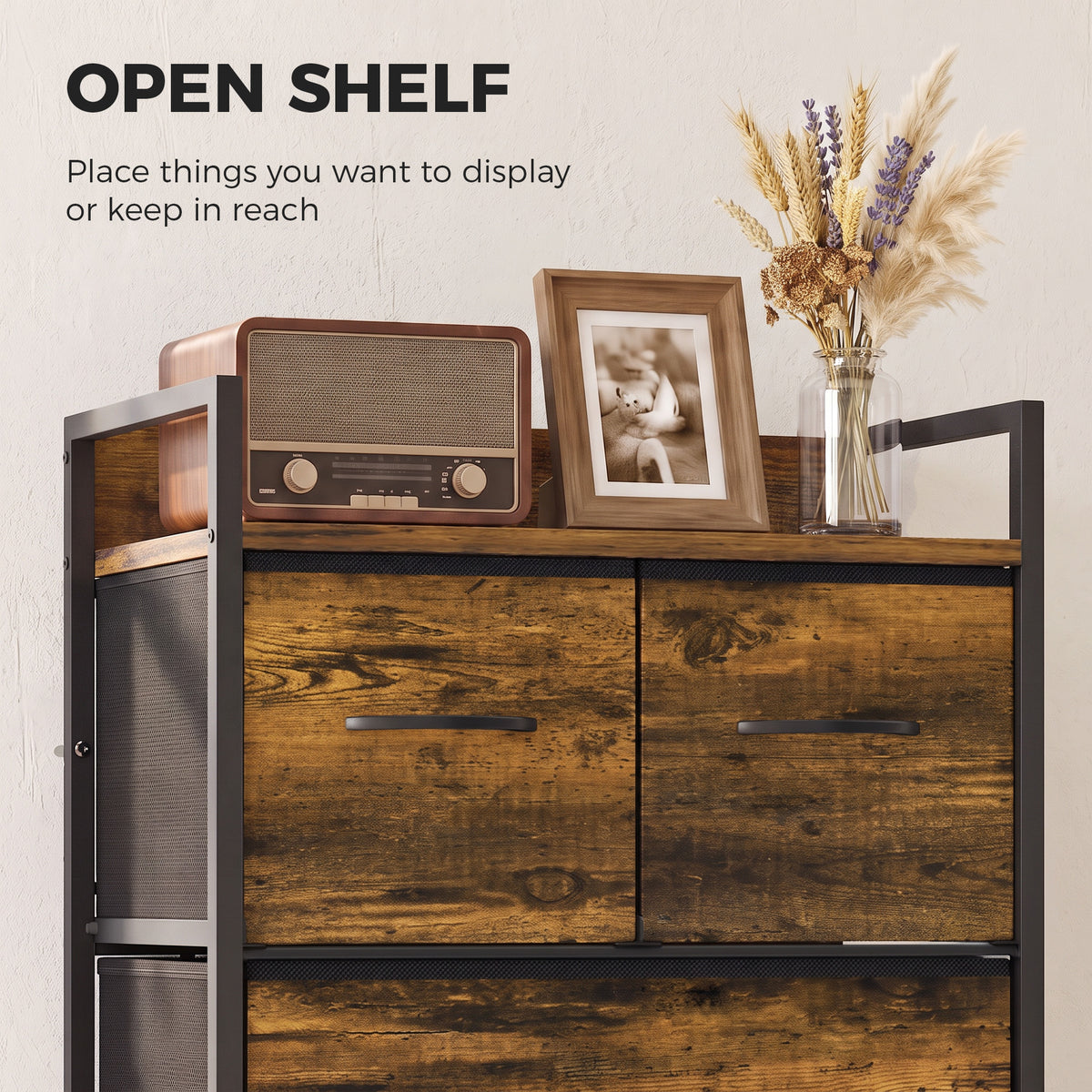 4-Drawer Fabric Chest with Top Shelf and Steel Frame - Rustic Brown & Black