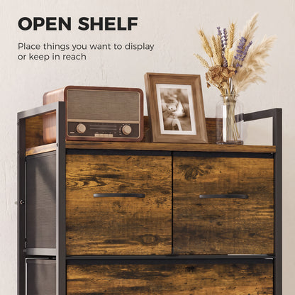 4-Drawer Fabric Chest with Top Shelf and Steel Frame - Rustic Brown & Black