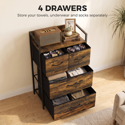 4-Drawer Fabric Chest with Top Shelf and Steel Frame - Rustic Brown & Black
