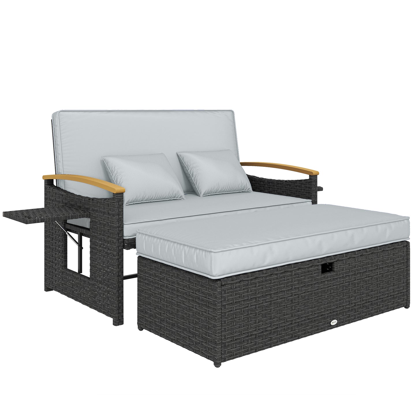 Double Rattan Sunbed Lounger with Storage & Adjustable Backrest – Dark Grey