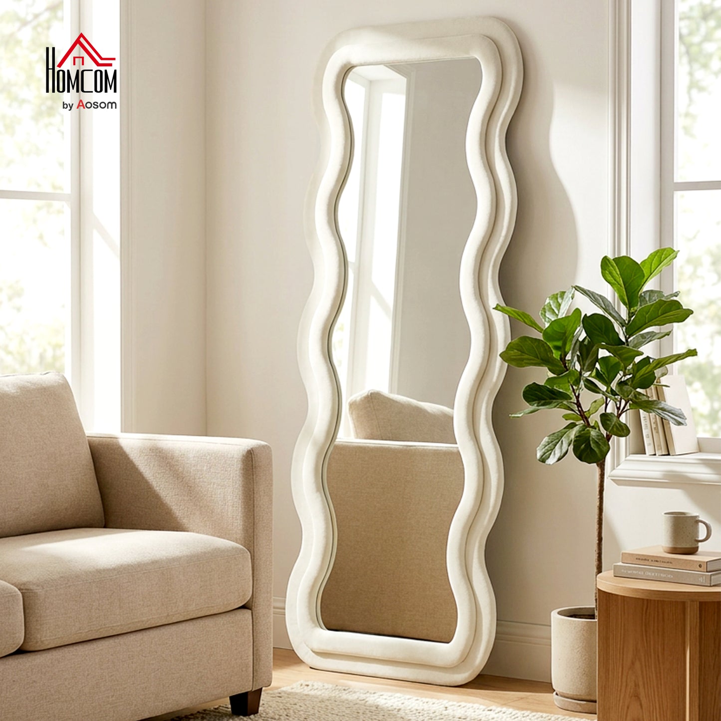 Full Length Mirror, 160 x 60 cm Velvet Wall Standing Mirror, Cream