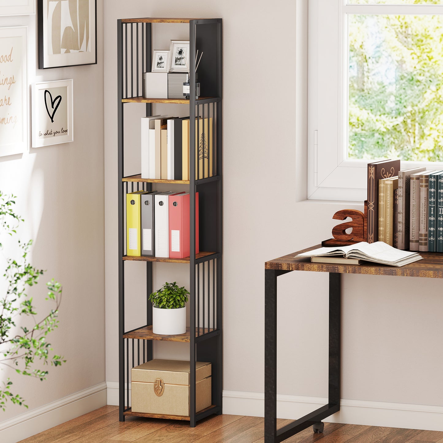 5-Tier Bookshelf, Freestanding Display Storage Unit, Rustic Brown