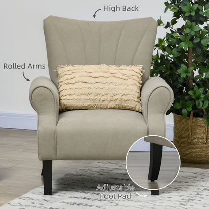 Upholstered Accent Chair with High Back, Rolled Arms and Wood Legs, Soft Thick Padded Armchair, Beige