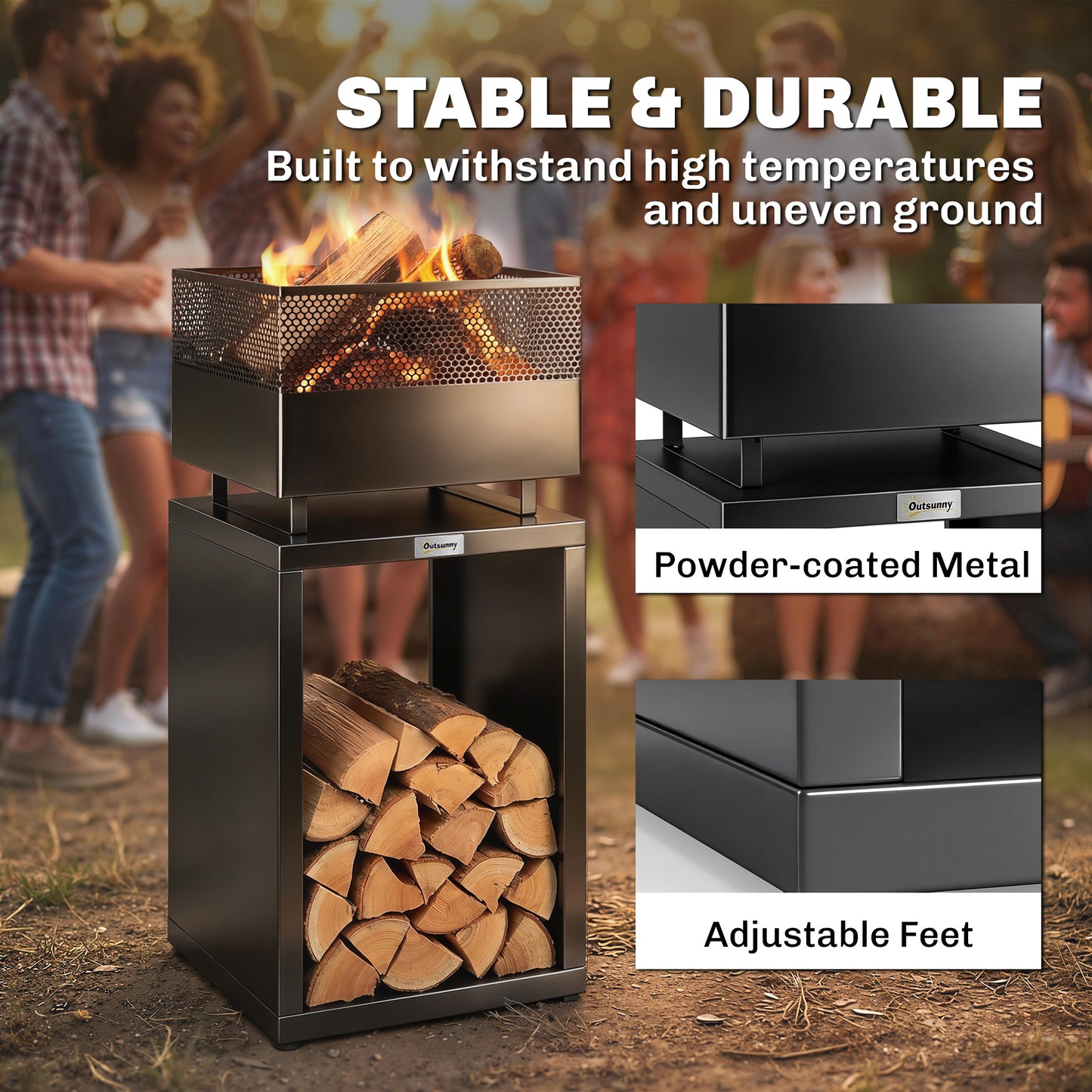 Outdoor Fire Pit with Wood Storage 87 cm Black