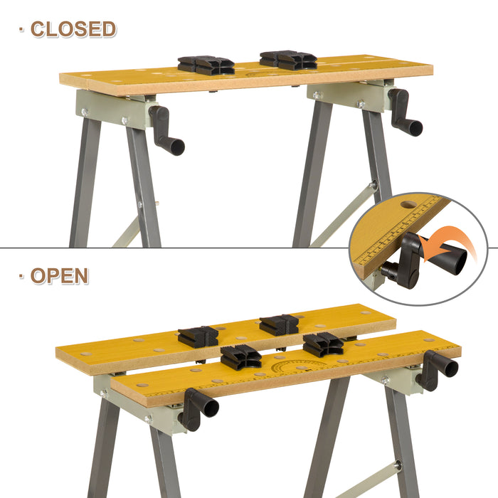 4-in-1 Work Bench, Saw Horse Folding Clamp Table w/ 4 Adjustable Clamping Pegs for DIY Home Garage, Grey