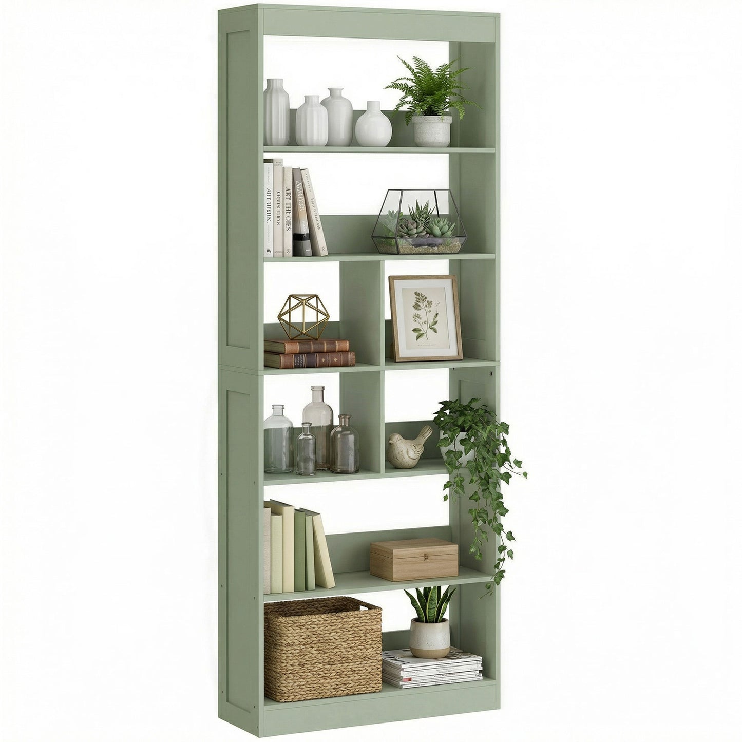 Bookcase, 6-Tier Bookshelf with 4 Open Storage Shelves, 4 Cubes, 68 x 24 x 180 cm Tall Display Shelf with Anti-Tipping Design for Living Room, Bedroom, Study, Green