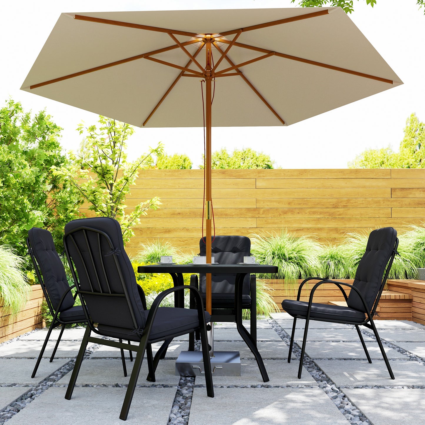 Garden Dining Set, Glass Table w/ Umbrella Hole Black