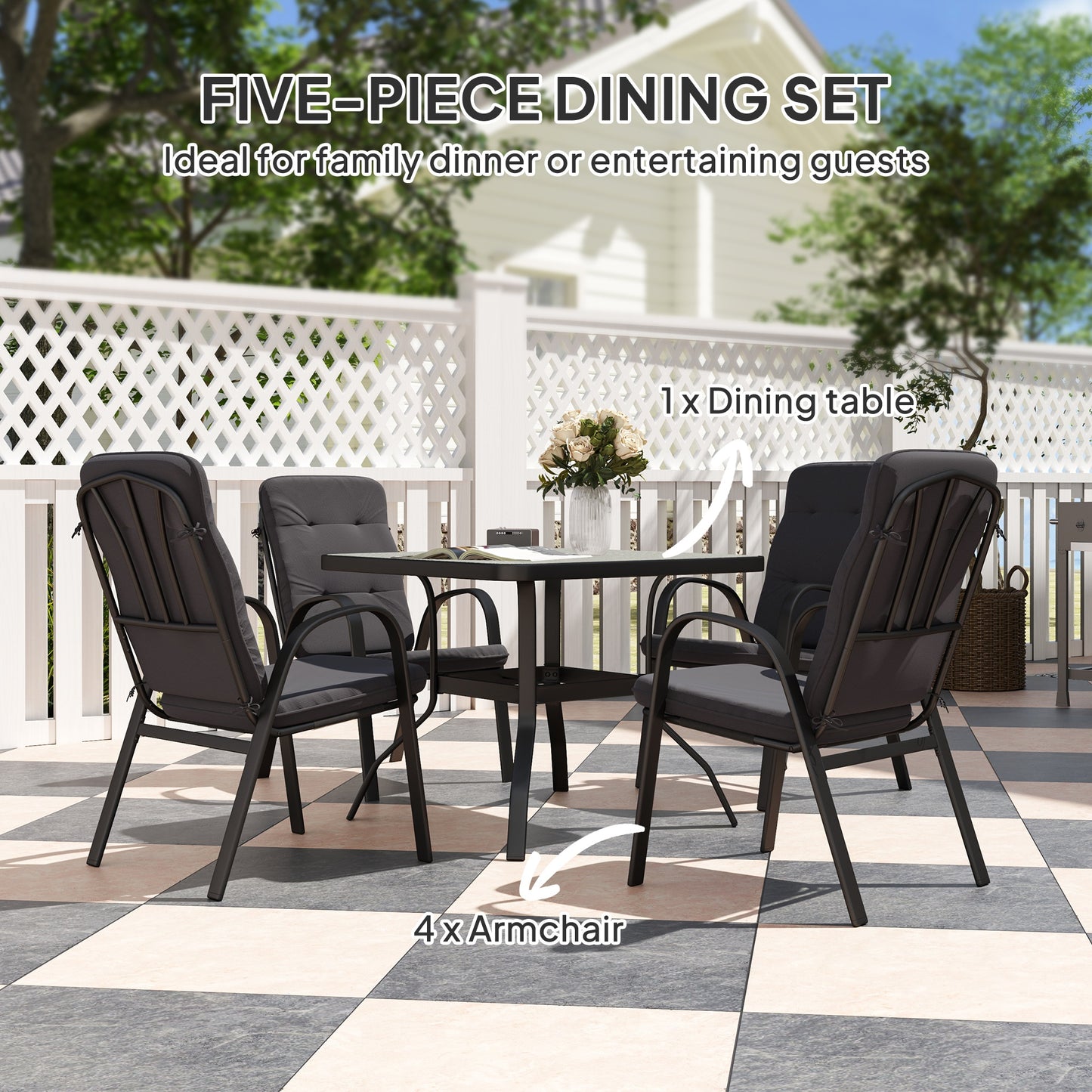 Garden Dining Set, Glass Table w/ Umbrella Hole Black