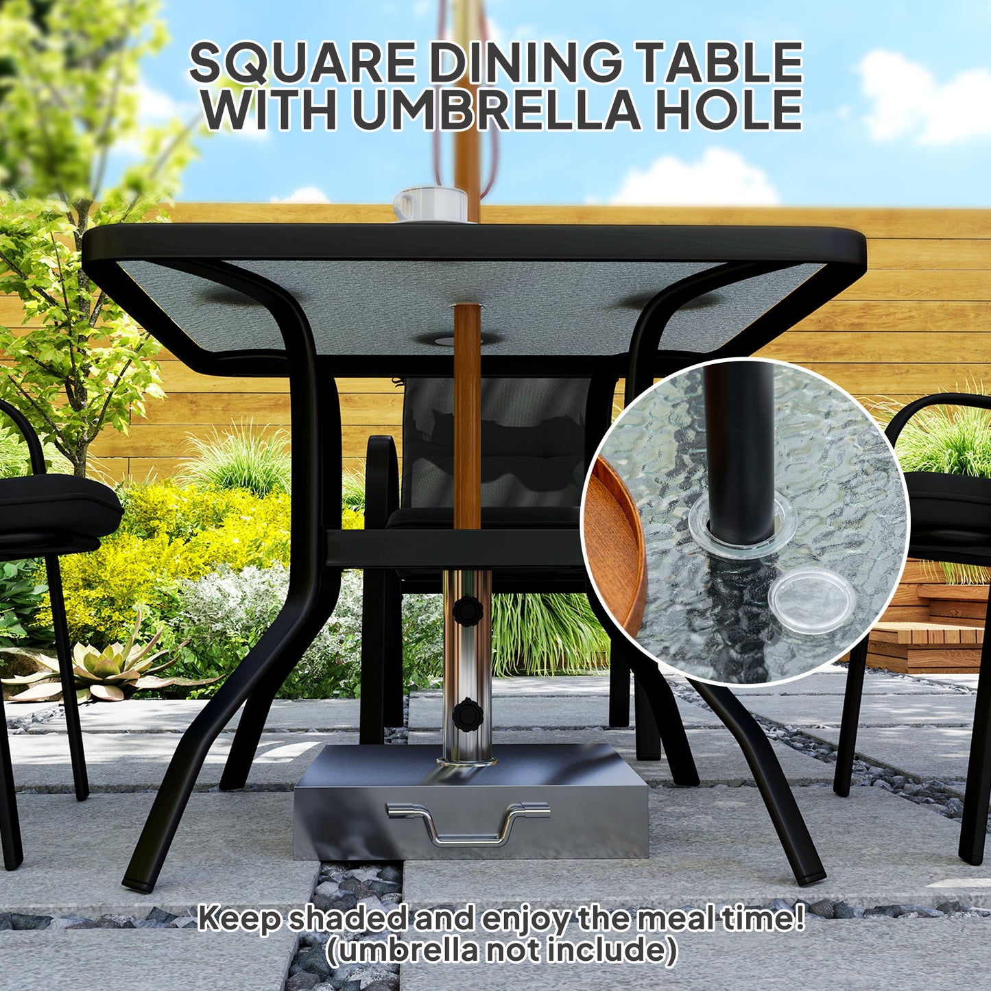 Garden Dining Set, Glass Table w/ Umbrella Hole Black