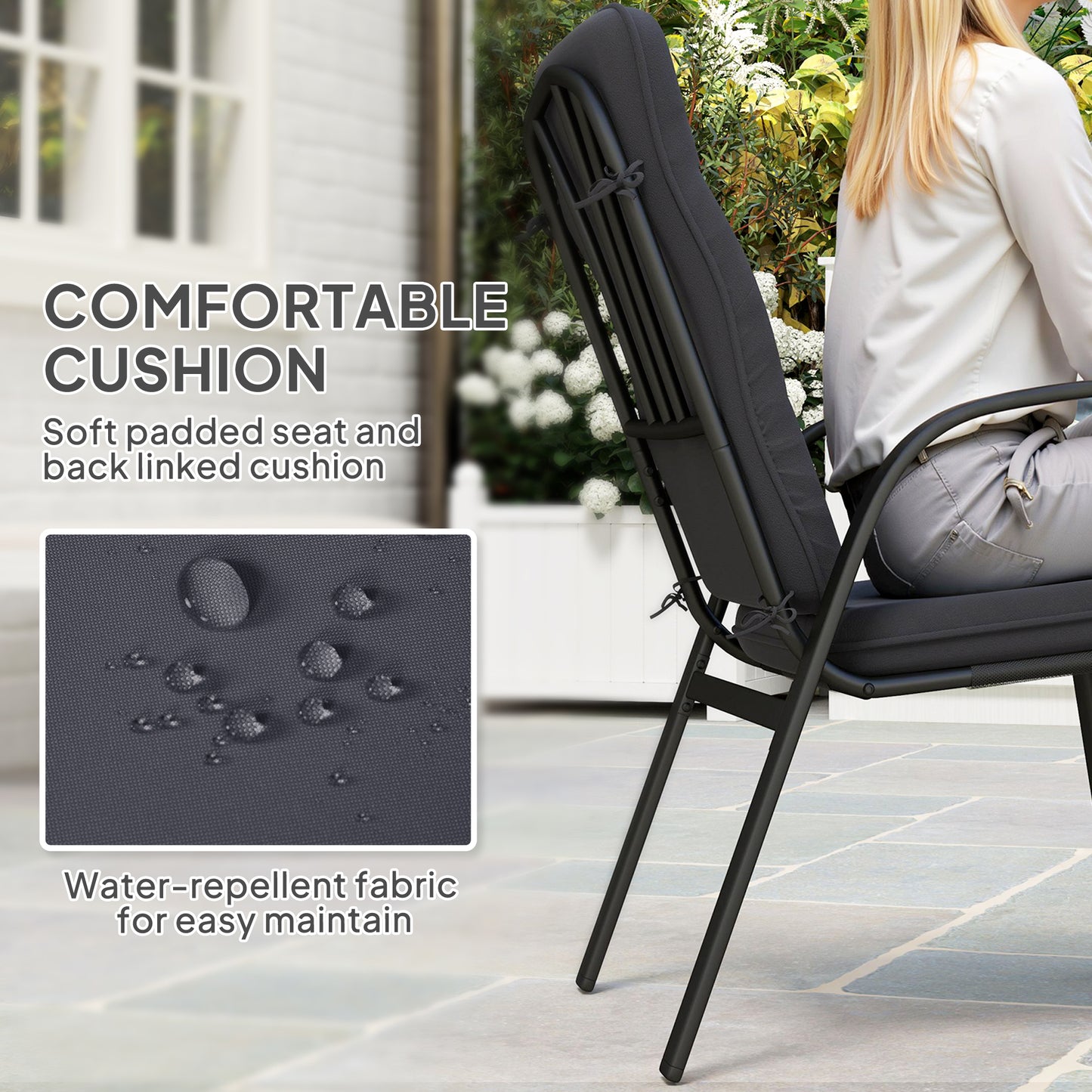 Garden Dining Set, Glass Table w/ Umbrella Hole Black