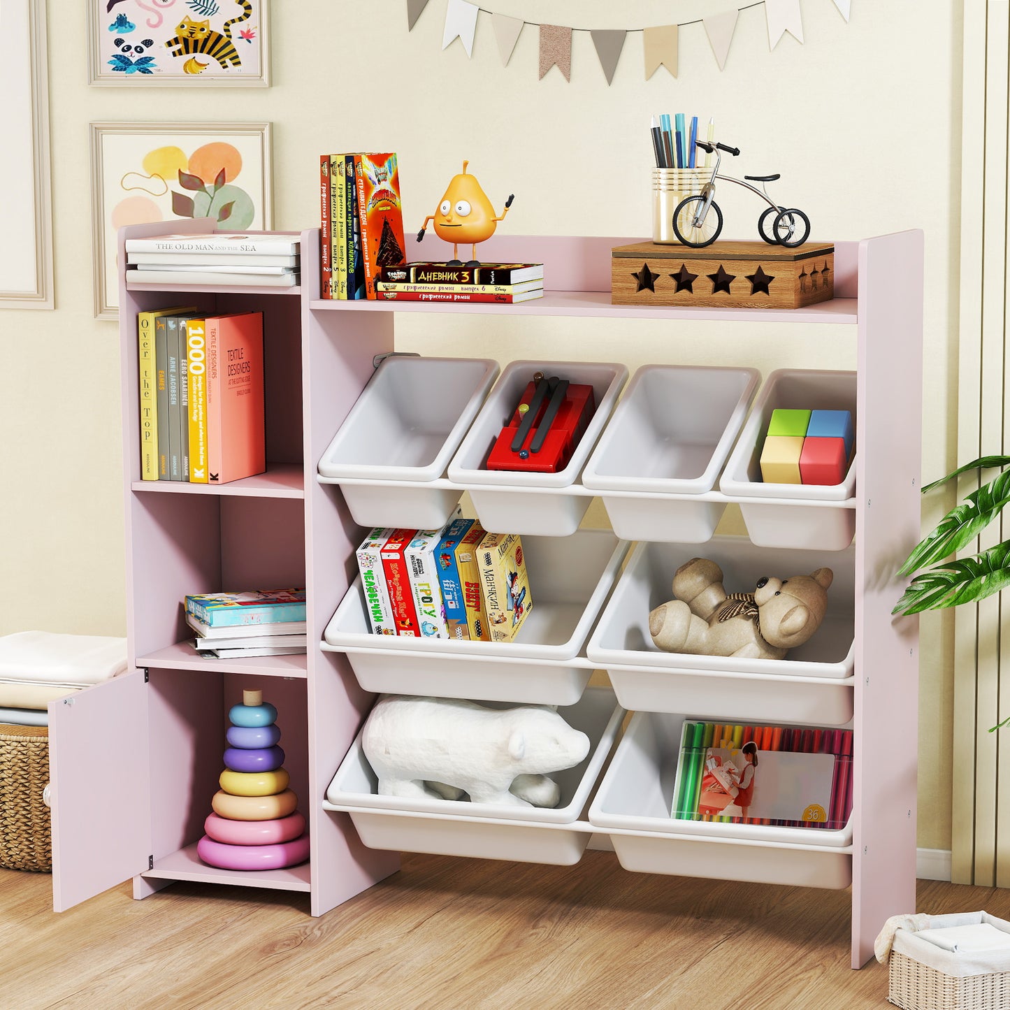 Toy Storage Unit with 8 Removable Bins, Storage Shelves, Cabinet