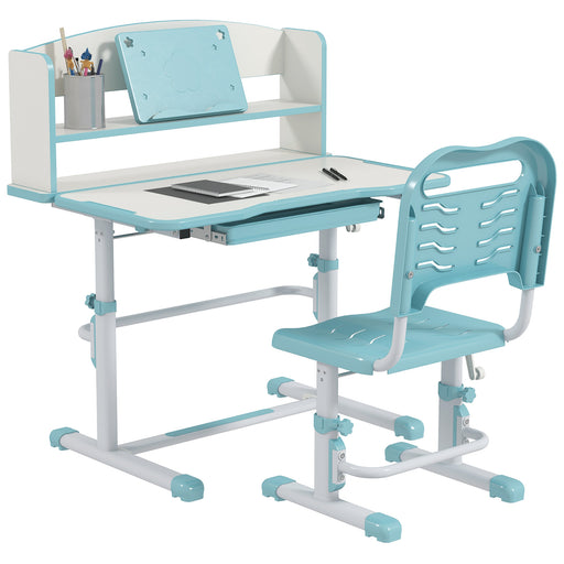 Height Adjustable Kids Desk and Chair Set, with Drawer, Bookshelf, Blue