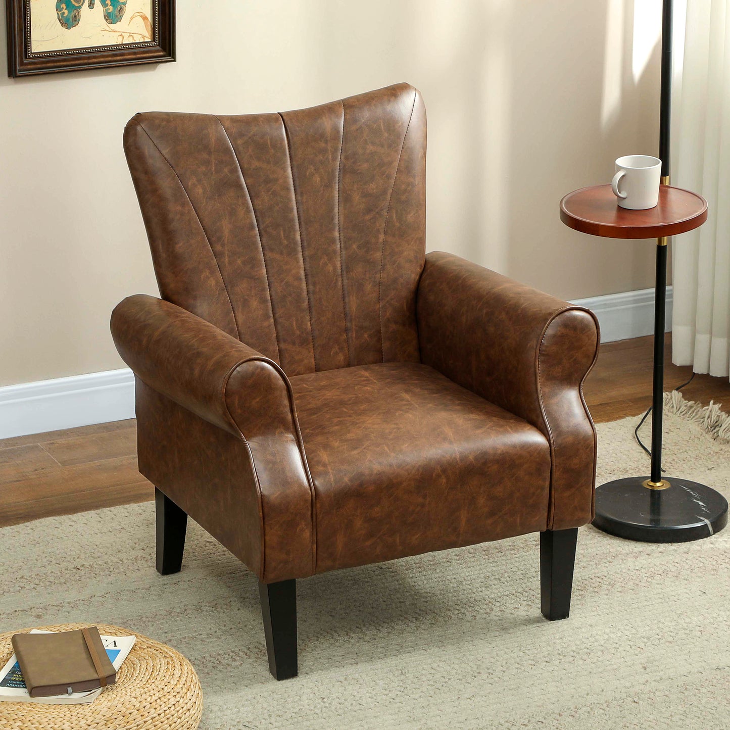 Upholstered Modern Accent Chair,  Armchair with Wood Legs, Brown