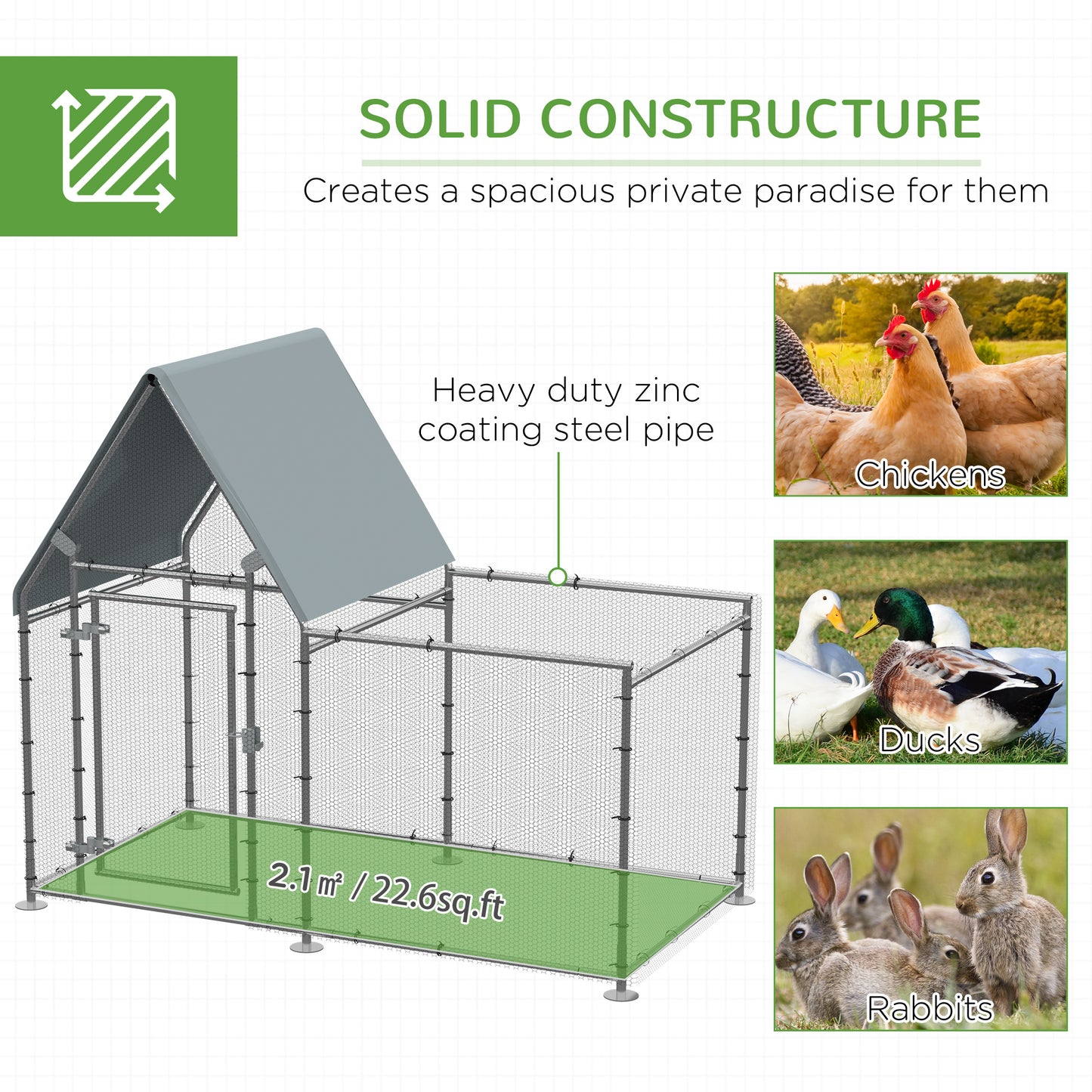 Walk In Chicken Run Large Outdoor Chicken Cage Coop w/ Cover 2 x 1 x 1.7m