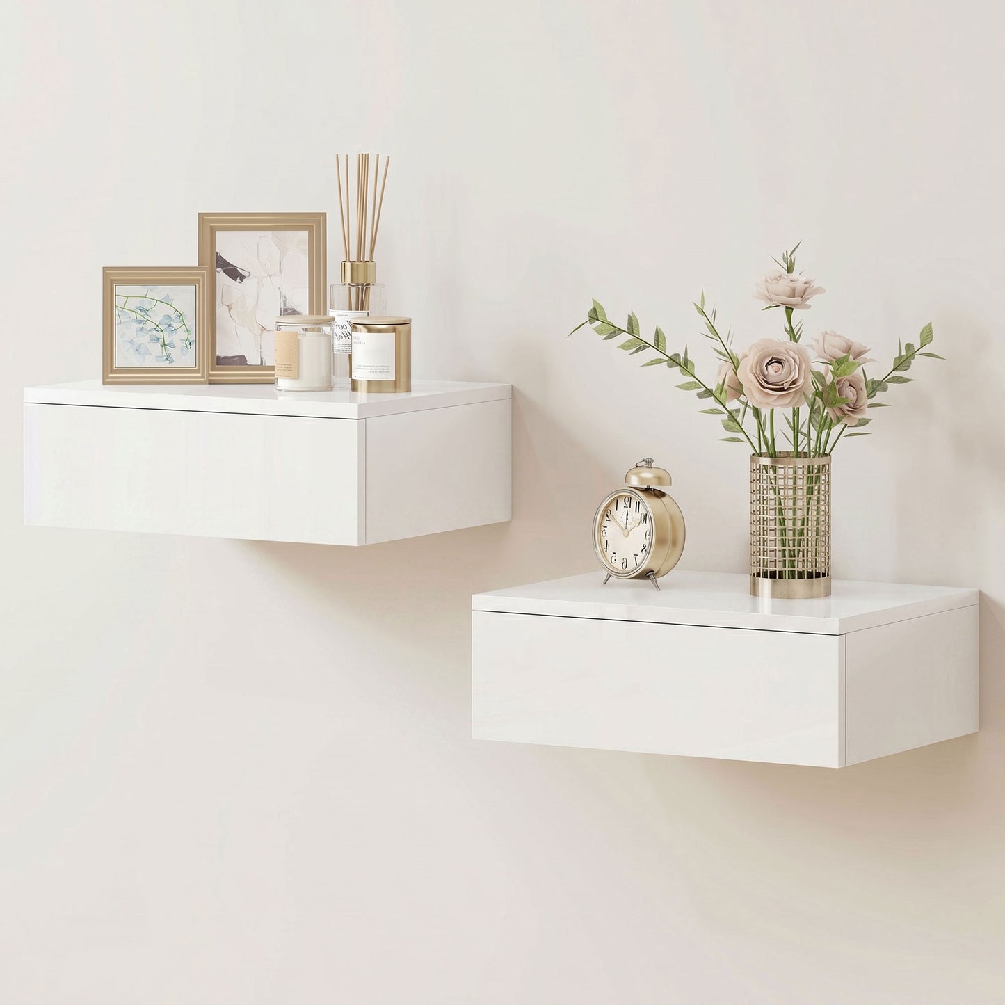 Wall Mounted Bedside Table with High Gloss Finish and Storage Drawer
