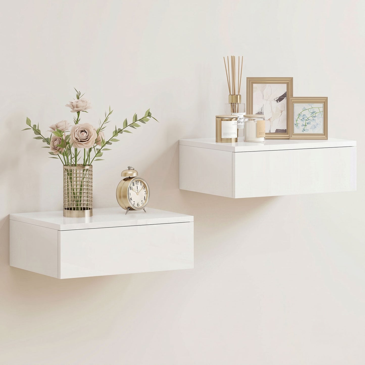 Wall Mounted Bedside Table with High Gloss Finish and Storage Drawer