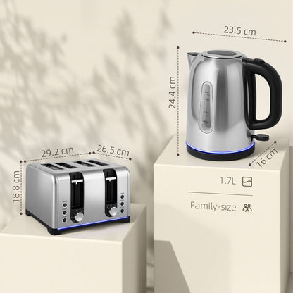 4 Slice Wide Slot Toaster and 1.7L Rapid Boil Kettle Set, Silver Tone