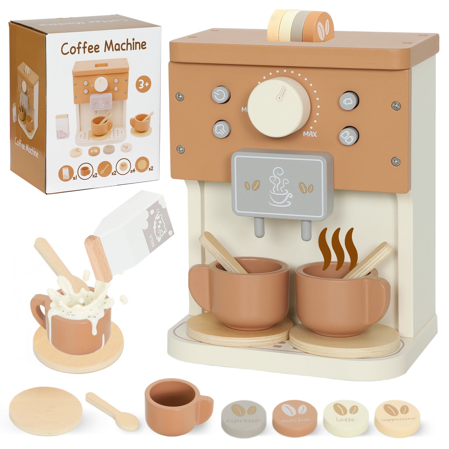 Kids Wooden Coffee Machine Toy, Pretend Role Play Toy