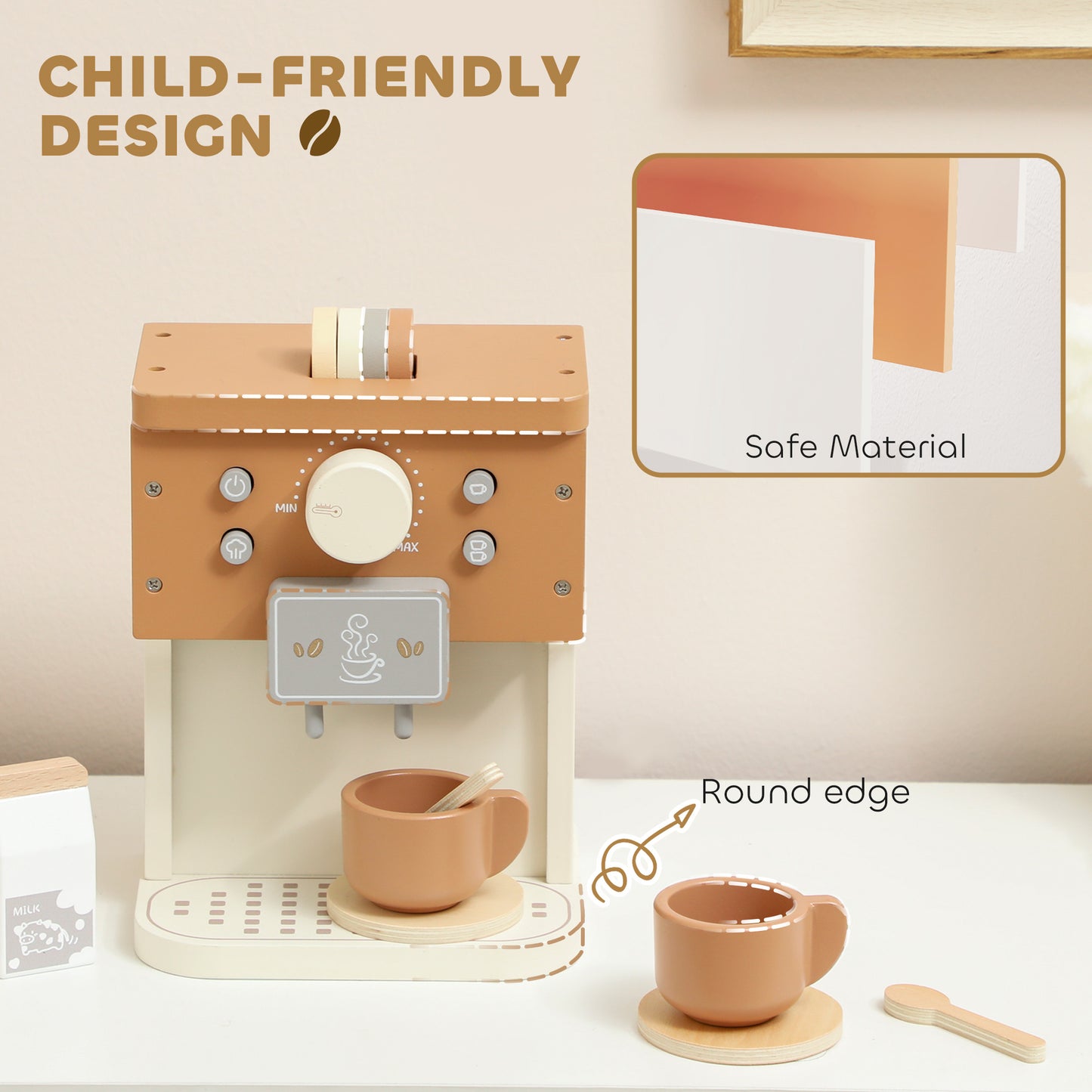 Kids Wooden Coffee Machine Toy, Pretend Role Play Toy