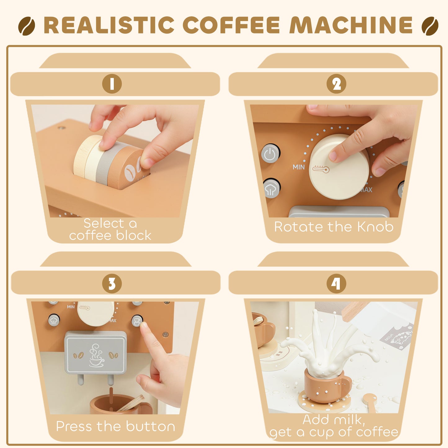 Kids Wooden Coffee Machine Toy, Pretend Role Play Toy