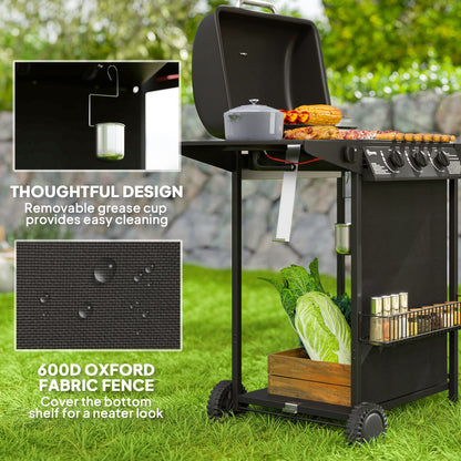 4 Burner Gas Barbecue Grill Portable Gas BBQ Grill with Lid, Black