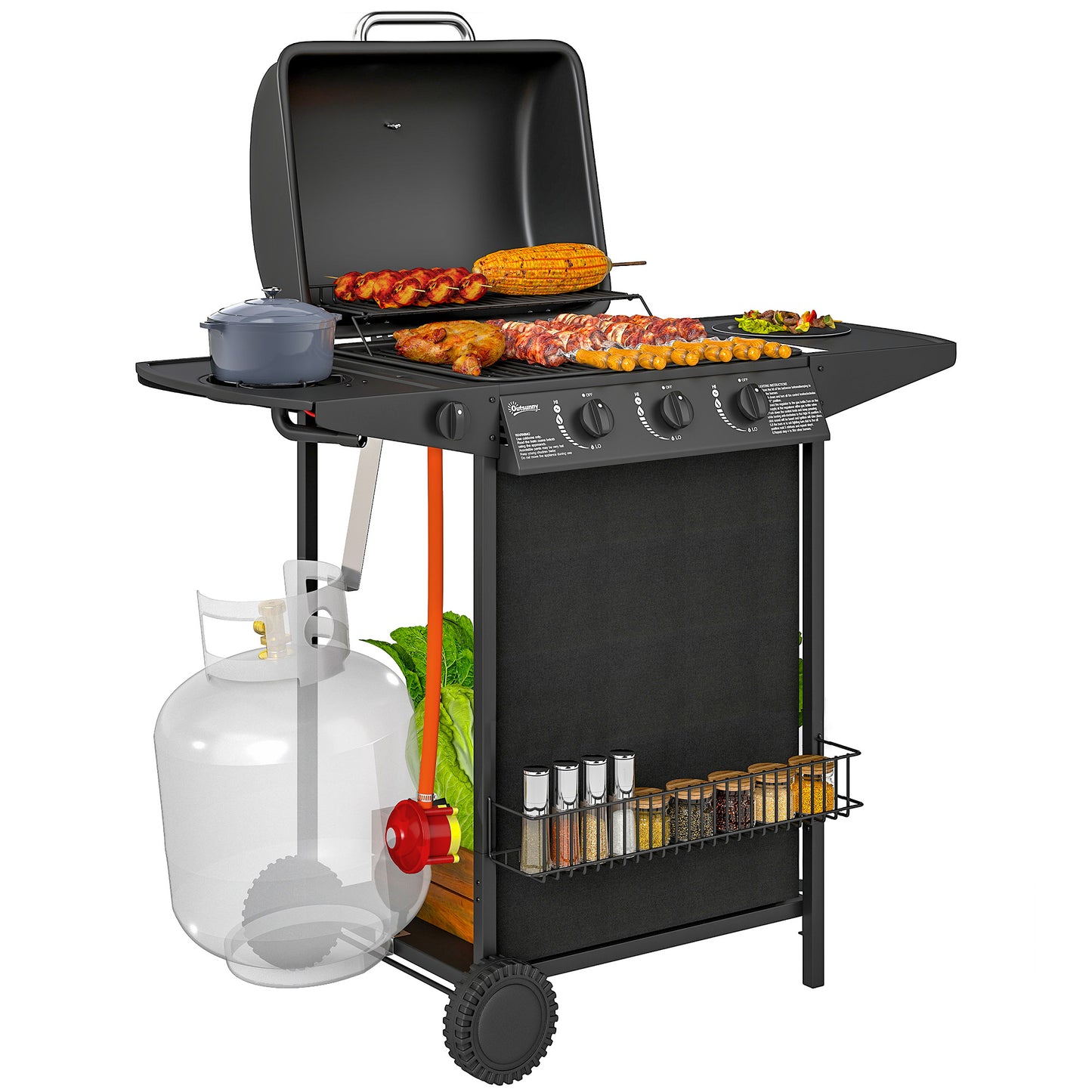 4 Burner Gas Barbecue Grill Portable Gas BBQ Grill with Lid, Black