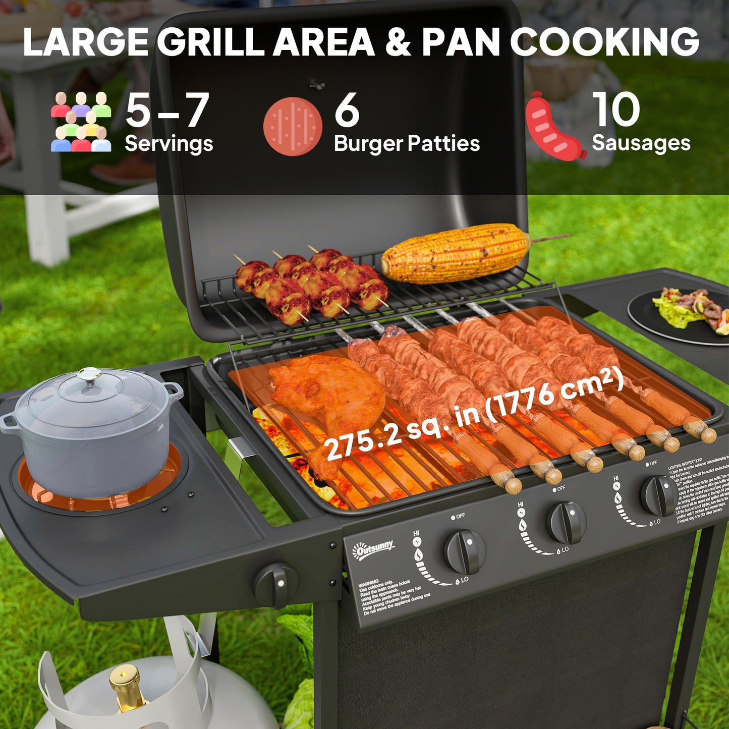 4 Burner Gas Barbecue Grill Portable Gas BBQ Grill with Lid, Black