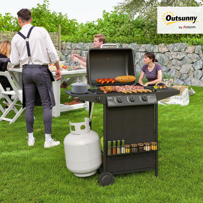 4 Burner Gas Barbecue Grill Portable Gas BBQ Grill with Lid, Black