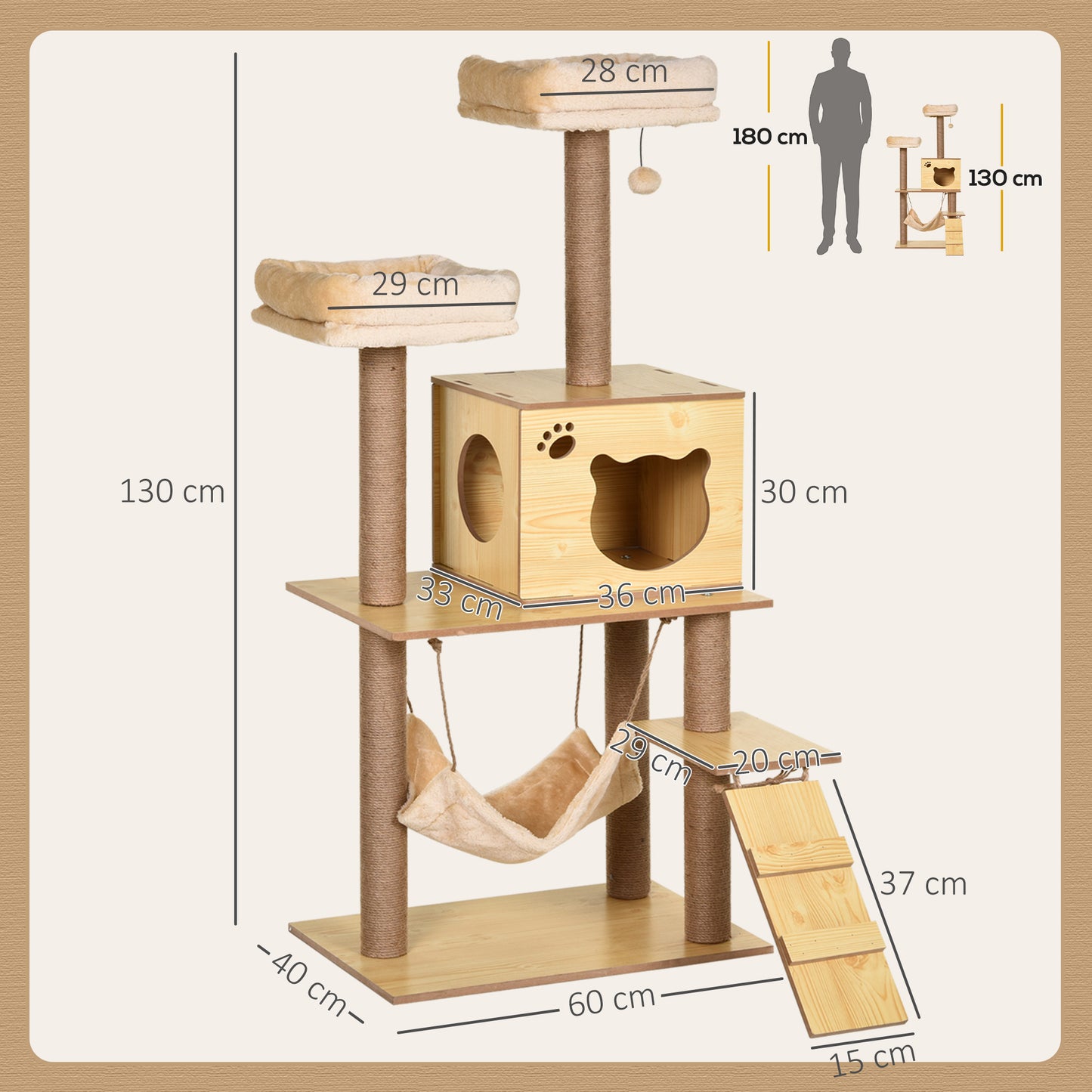 130cm Cat Tree for Large Cats with Scratching Posts Toy Ball Yellow