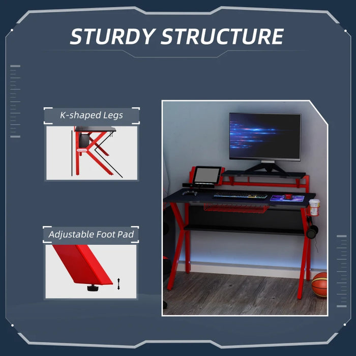 Gaming Desk Computer Table with Monitor Stand, Cup Holder, Headphone Hook, Wire Basket and Metal Frame