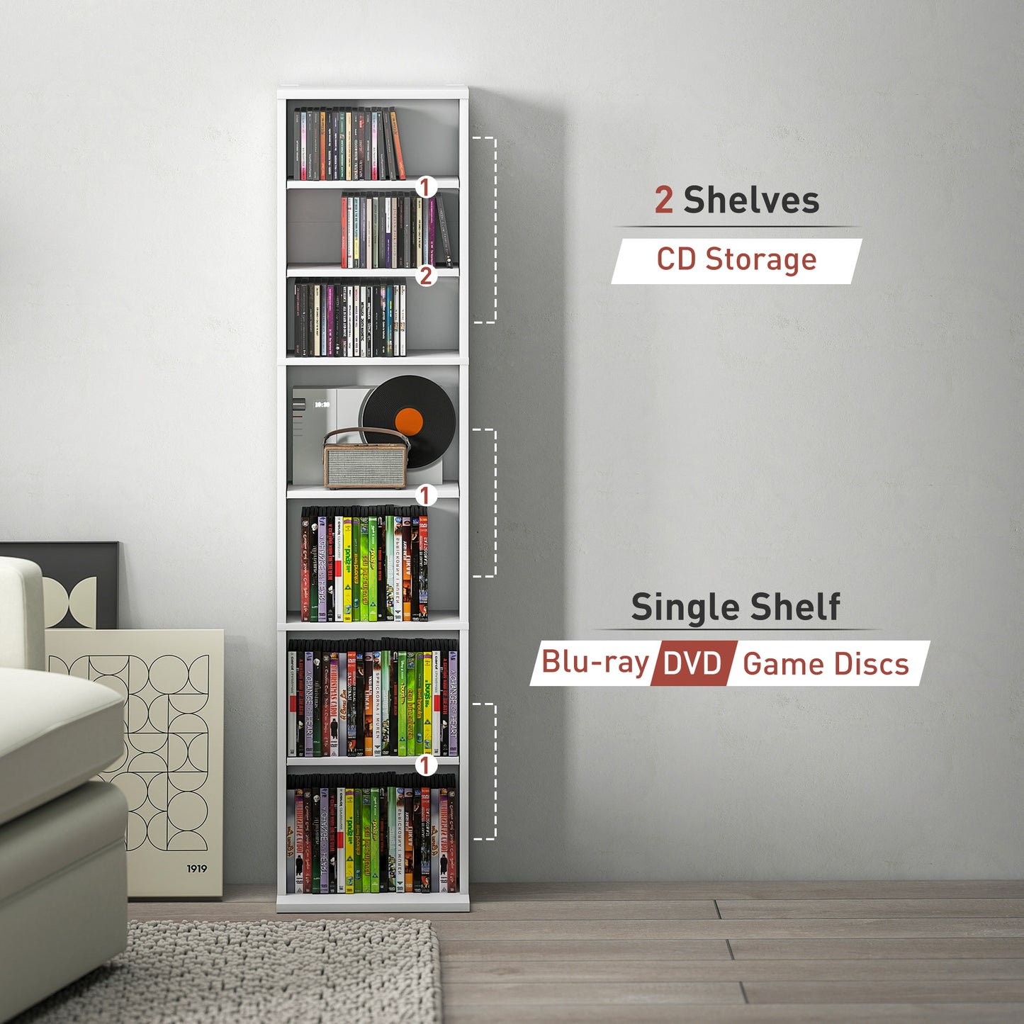 260 CD Storage Unit 120 DVD Storage Tower with 9 Compartments White