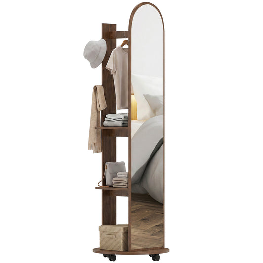 2-in-1 Full Length Mirror with Storage Shelves, Floor Mirror with 4 Universal Wheels, Coat Rack, 4 Hooks, Space-Saving Freestanding Organiser for Bedroom, Living Room, Brown Wood Effect