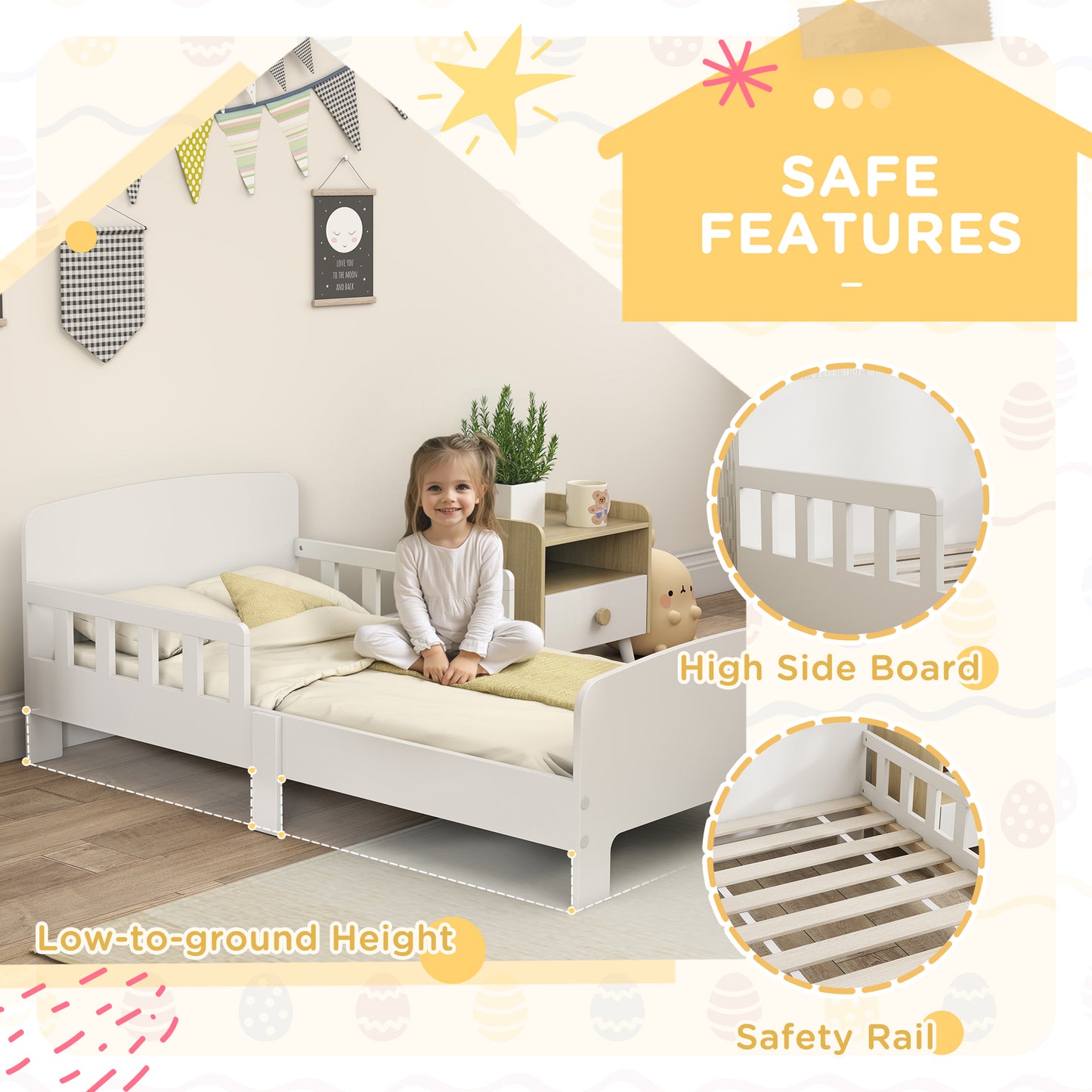 Kids Toddler Bed Frame with Safety Side Rails for 3-8 Years, White