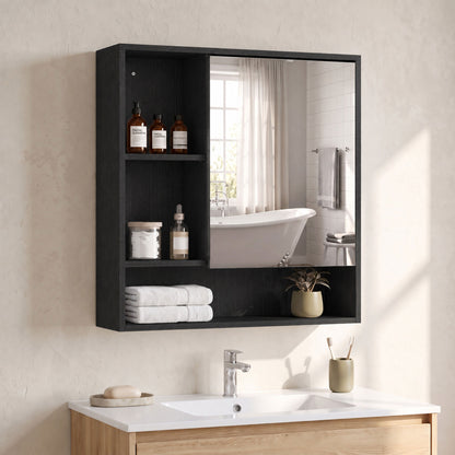 Wall-Mounted Bathroom Mirror Cabinet with Adjustable Shelves - Black Wood Effect