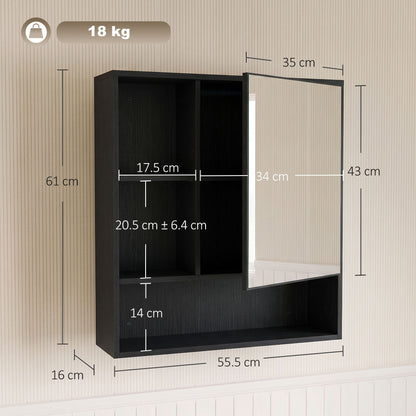 Wall-Mounted Bathroom Mirror Cabinet with Adjustable Shelves - Black Wood Effect