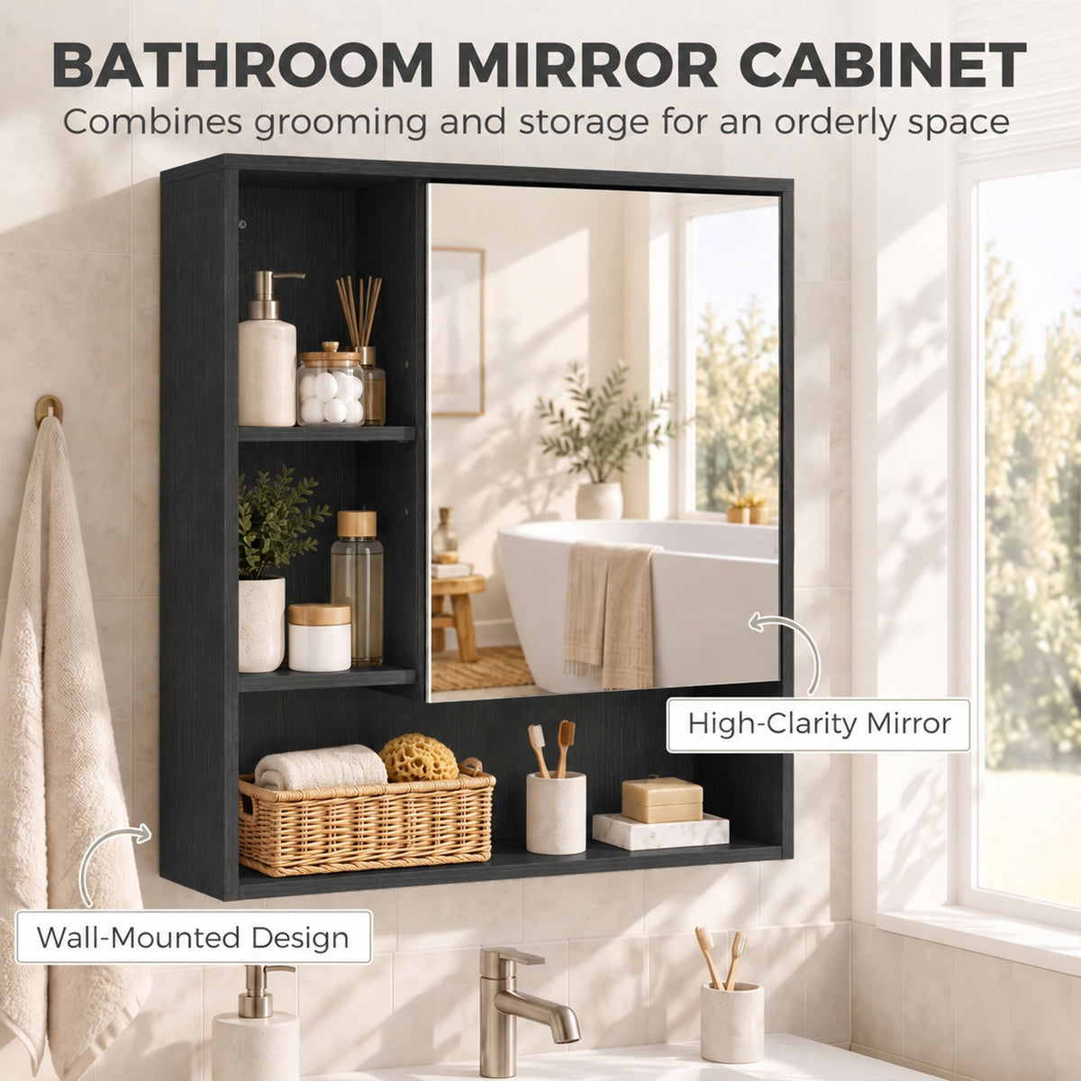 Wall-Mounted Bathroom Mirror Cabinet with Adjustable Shelves - Black Wood Effect