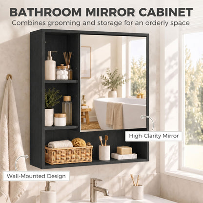 Wall-Mounted Bathroom Mirror Cabinet with Adjustable Shelves - Black Wood Effect