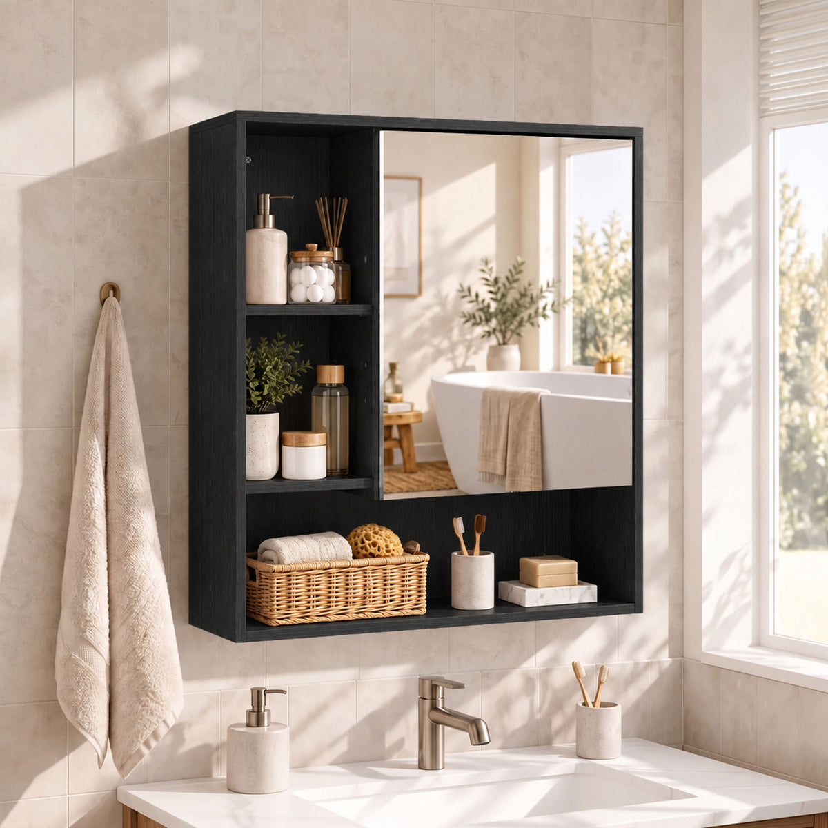Wall-Mounted Bathroom Mirror Cabinet with Adjustable Shelves - Black Wood Effect