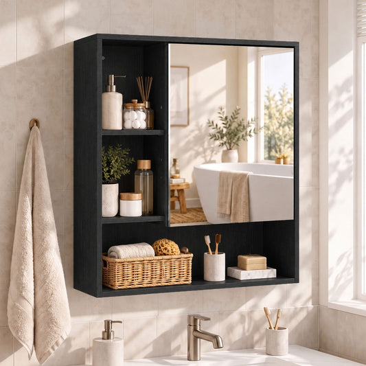 Wall-Mounted Bathroom Mirror Cabinet with Adjustable Shelves - Black Wood Effect