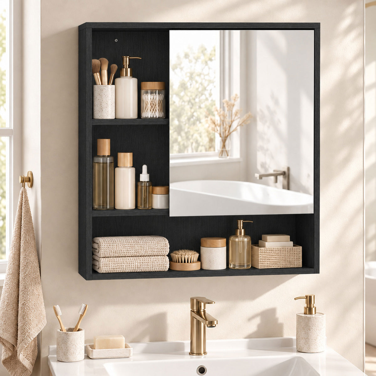Wall-Mounted Bathroom Mirror Cabinet with Adjustable Shelves - Black Wood Effect