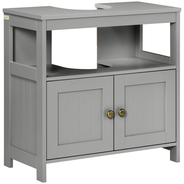 kleankin Pedestal Under Sink Cabinet with Double Doors, Modern Bathroom Vanity Storage Unit with Shelves, Grey