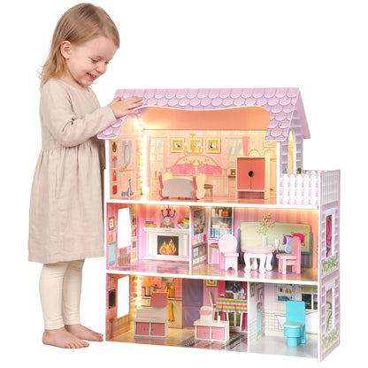 3-Storey Dolls' House with LED Lighting and 8 Furniture Pieces - Pink