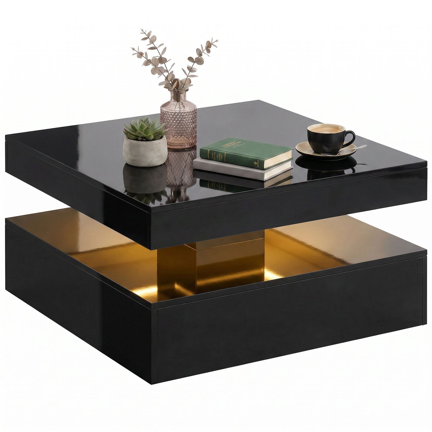 LED Coffee Table with Storage, 2-Tier Modern Centre Table with Open Shelf and Remote for Living Room, High Gloss Black