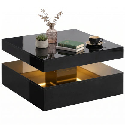 LED Coffee Table with Storage, 2-Tier Modern Centre Table with Open Shelf and Remote for Living Room, High Gloss Black