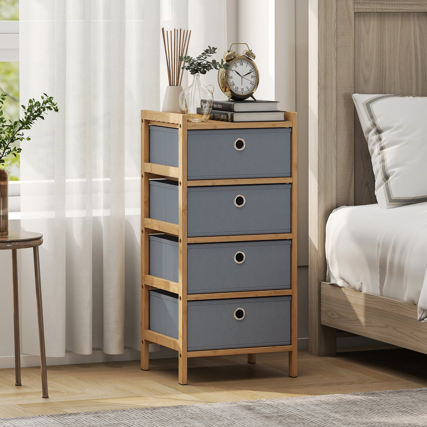 Chest of Drawers, 4 Drawers Dresser with Bamboo Frame, Light Grey