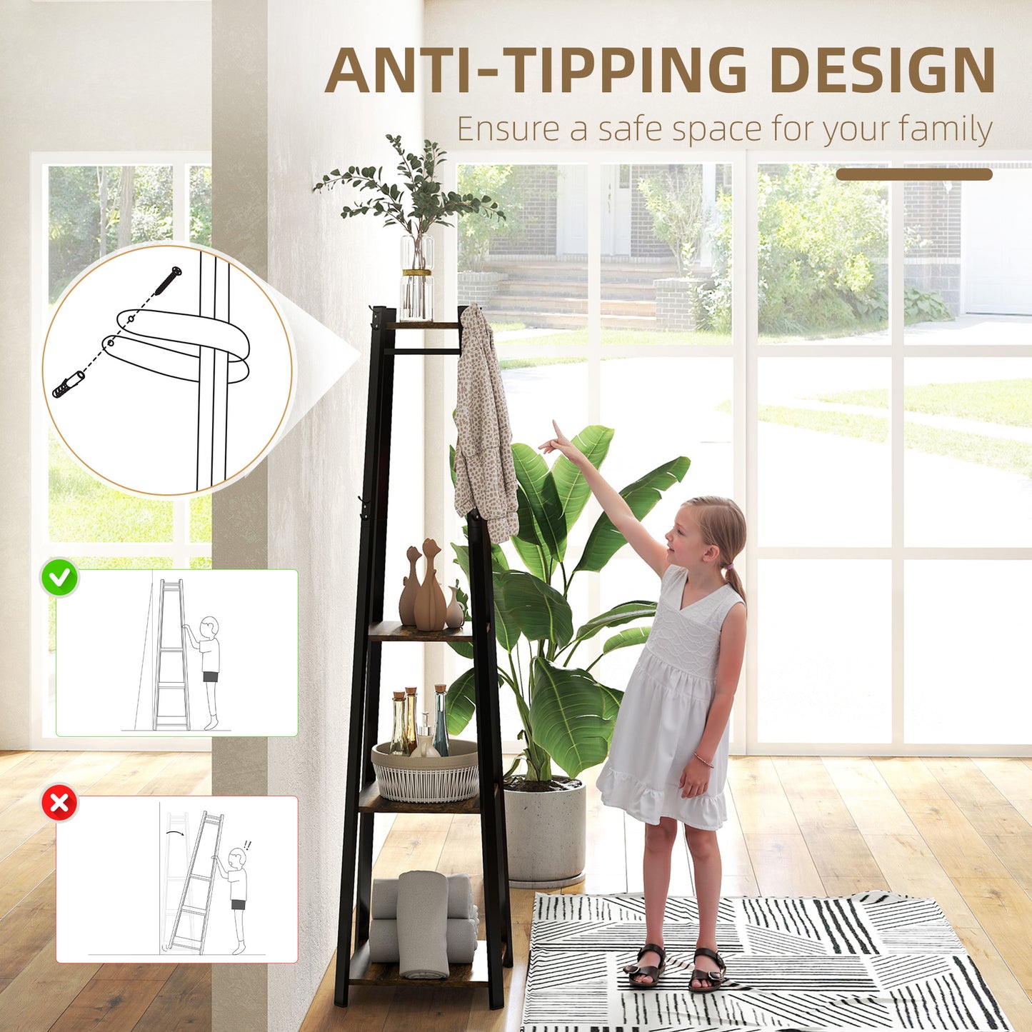 Clothes Rack with Storage, Garment Rack with 8 Hooks and 3-Tier Shelf