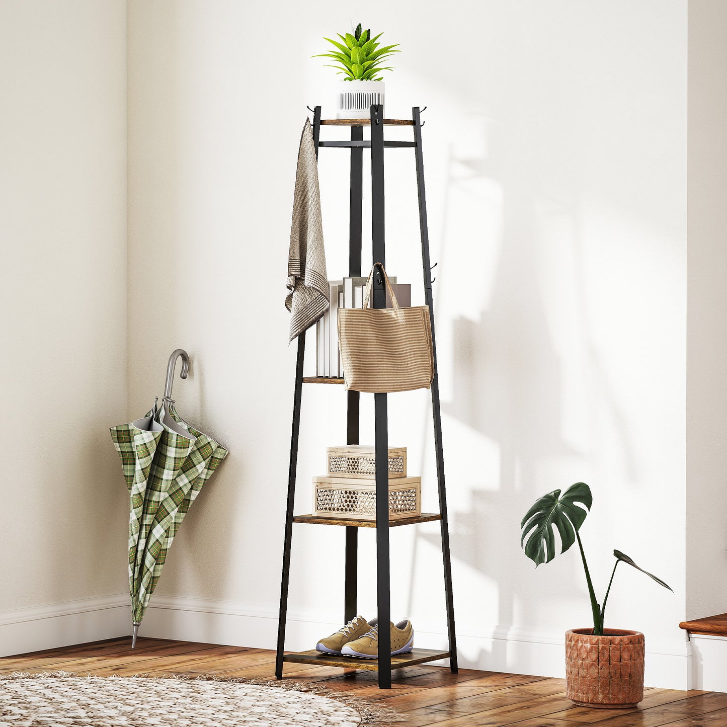 Clothes Rack with Storage, Garment Rack with 8 Hooks and 3-Tier Shelf