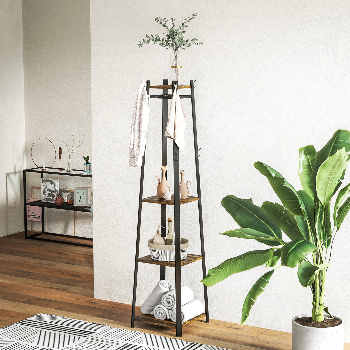 Clothes Rack with Storage, Garment Rack with 8 Hooks and 3-Tier Shelf